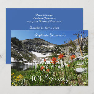 Invitación 100° cumpleaños, nombre, montañas, flores silvestr
