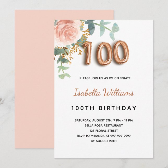 Invitación 100 cumpleaños rosa floral oro eucalipto follaje (Anverso / Reverso)