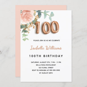 Invitación 100 cumpleaños rosa floral oro eucalipto follaje