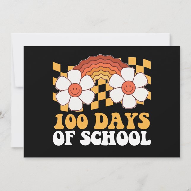 Invitación 100 Días De Flor Escolar Arcoiris Groovy Retro (Anverso)