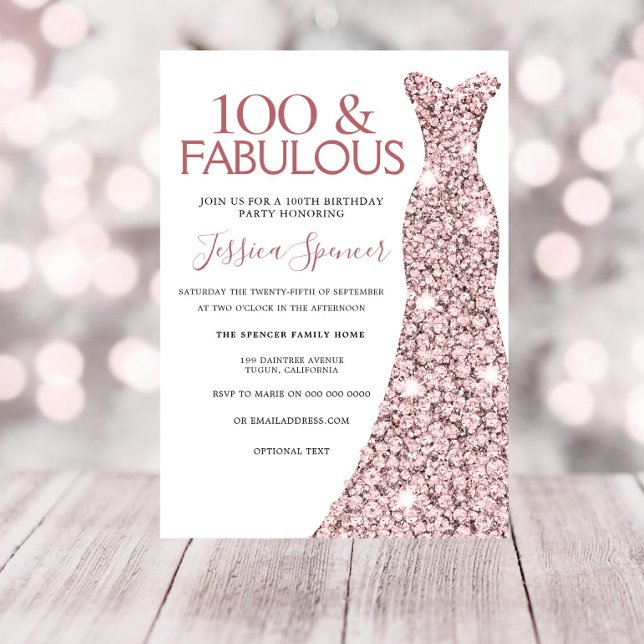 Invitación 100 Fabuloso vestido de oro Rosa 100 cumpleaños (Subido por el creador)