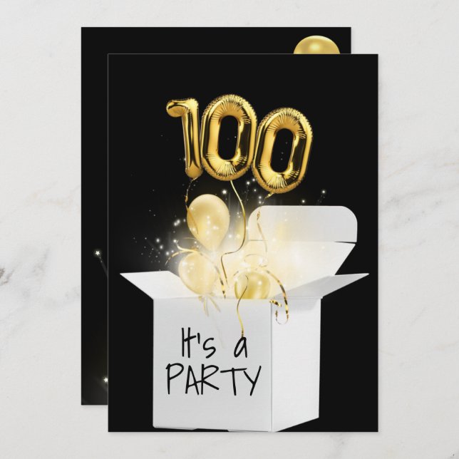 Invitación 100 Globos de Oro de cumpleaños en caja blanca (Anverso / Reverso)
