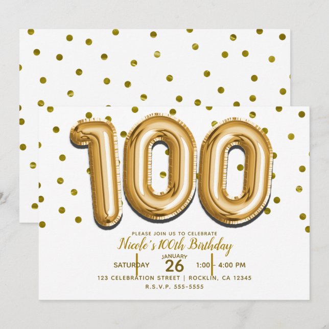 Invitación 100 Globos de Oro y Confeti Cumpleaños 100 (Anverso / Reverso)