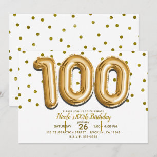 Invitación 100 Globos de Oro y Confeti Cumpleaños 100
