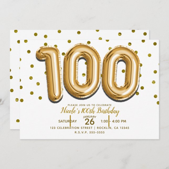 Invitación 100 Globos de Oro y Confetti 100 cumpleaños (Anverso / Reverso)