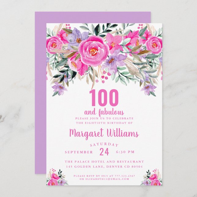 Invitación 100 y fabuloso púrpura rosa 100 cumpleaños (Anverso / Reverso)