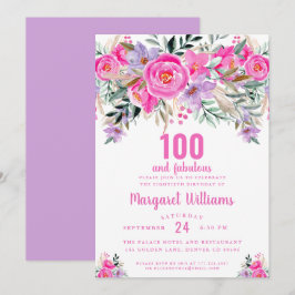 Invitación 100 y fabuloso púrpura rosa 100 cumpleaños