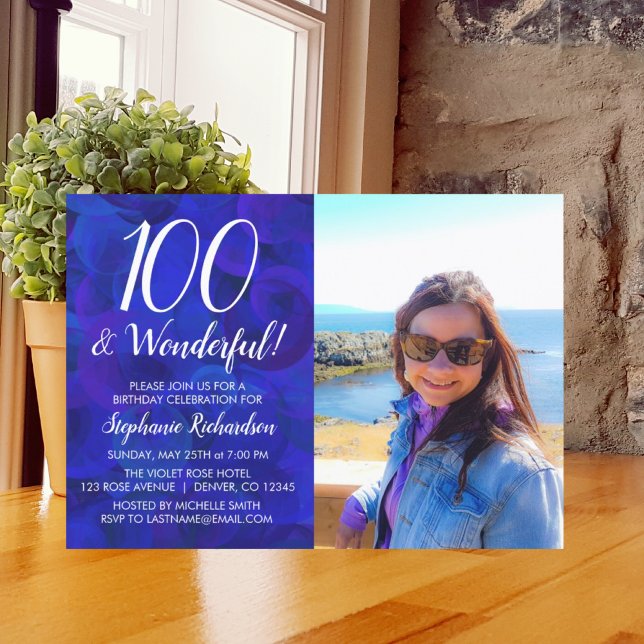 Invitación 100 y maravilloso cumpleaños de la foto real azul (Subido por el creador)