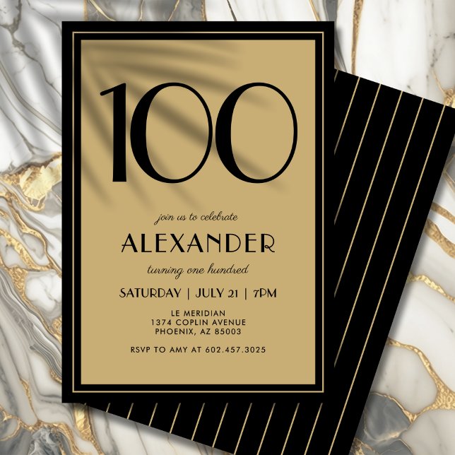 Invitación 100th Birthday Adult Black and Gold Modern Minimal (Personalized black and gold invitation for an unforgettable 100th birthday.)