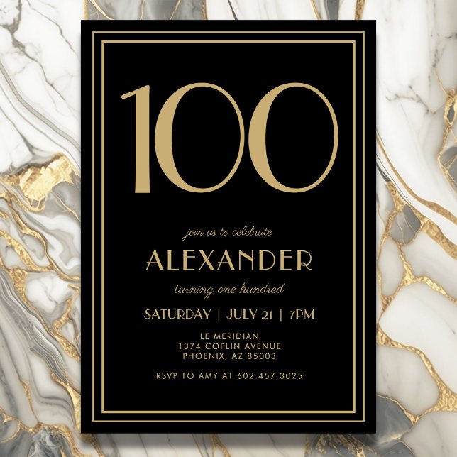 Invitación 100th Birthday Black and Gold Modern Minimal Adult (Elegant black and gold 100th birthday invitation design for him or her.)