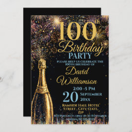 Invitación 100th Birthday Bubbly Fireworks Gold Blue
