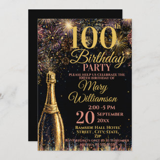 Invitación 100th Birthday Bubbly Fireworks Gold Pink
