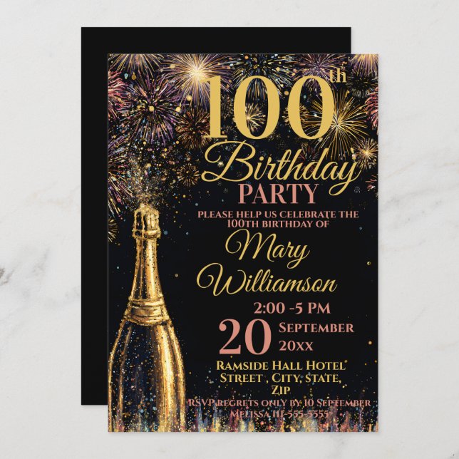 Invitación 100th Birthday Bubbly Fireworks Gold Pink (Anverso / Reverso)