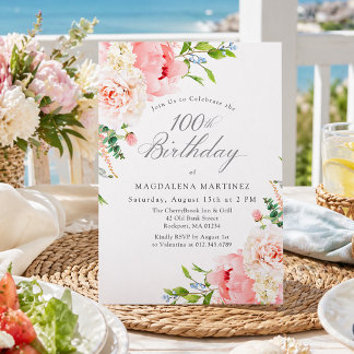 Invitación 100th Birthday Party Feminine Pink Roses Floral