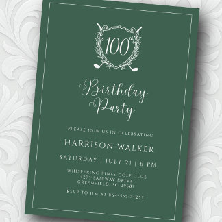 Invitación 100th Birthday Party Golf Crest Elegant Script