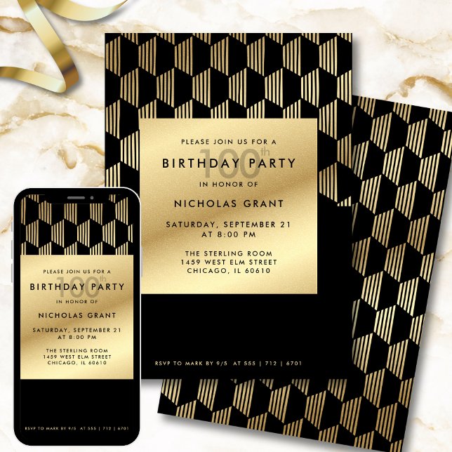 Invitación 100th Birthday Party Modern Black and Gold Foil (Subido por el creador)