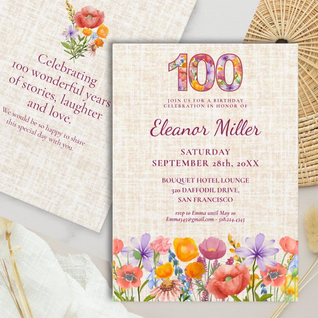 Invitación  100th Birthday Wildflowers - Floral Number (Subido por el creador)