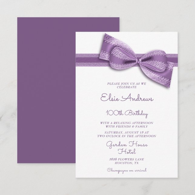 Invitación 100th Centenarian Bow & Ribbon Birthday (Anverso / Reverso)