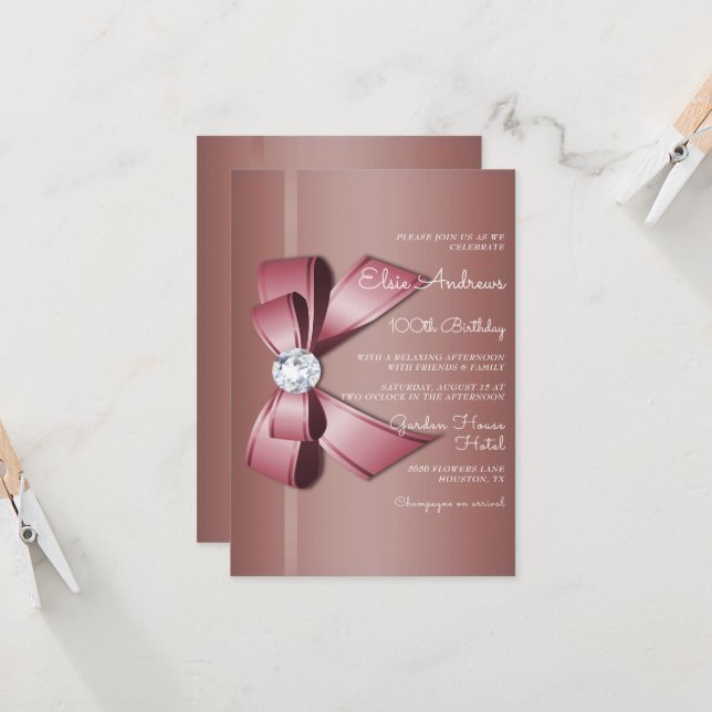 Invitación 100th Centenarian Jewel Bow & Ribbon Birthday (Anverso/Reverso In Situ)