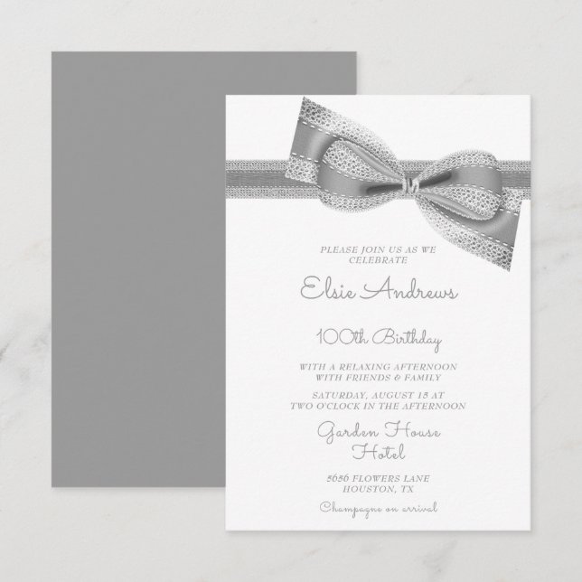Invitación 100th Centenarian Silver Bow & Ribbon Birthday (Anverso / Reverso)