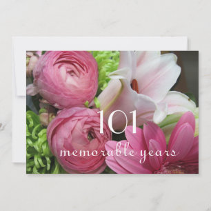 Invitación 101o ¡Celebración del cumpleaños! - Flores rosadas