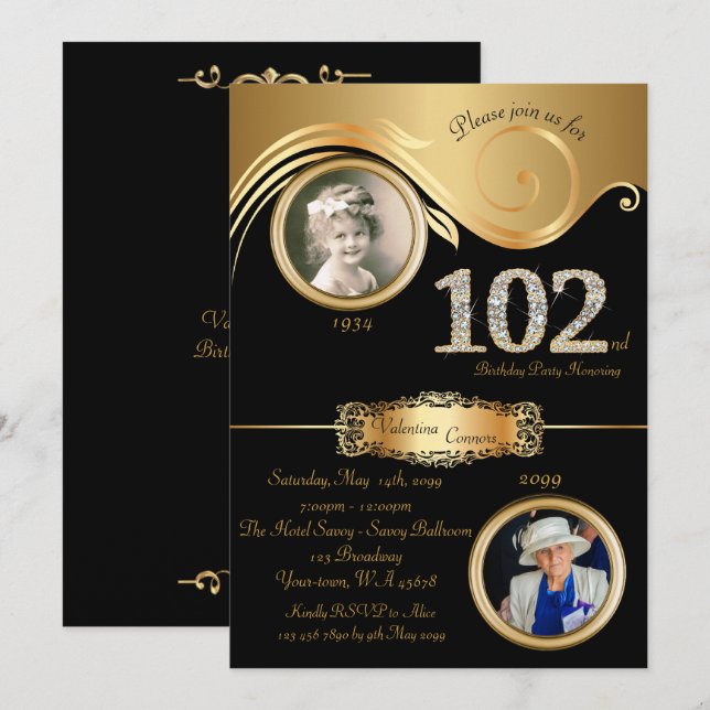 Invitación 102.º cumpleaños 102.ª mujer, elegante decoración  (Anverso / Reverso)