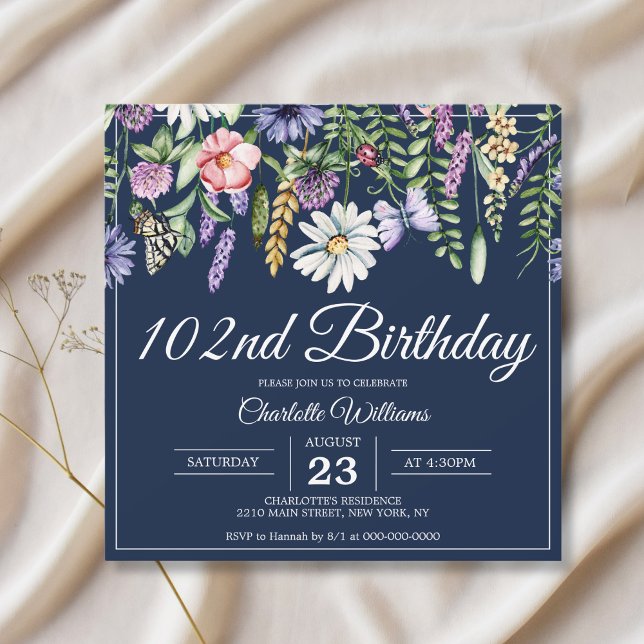 Invitación 102.º cumpleaños de la Marina de Flores Silvestres (102nd Birthday Wildflowers Navy Elegant 102 Years Invitation
)