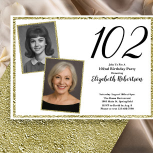 Invitación 102 Cumpleaños Foto Personalizada Blanco y Dorado 