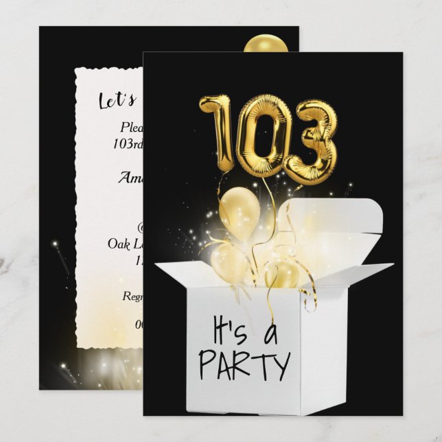 Invitación 103 Globos De Oro De Cumpleaños En Caja Blanca (Anverso / Reverso)