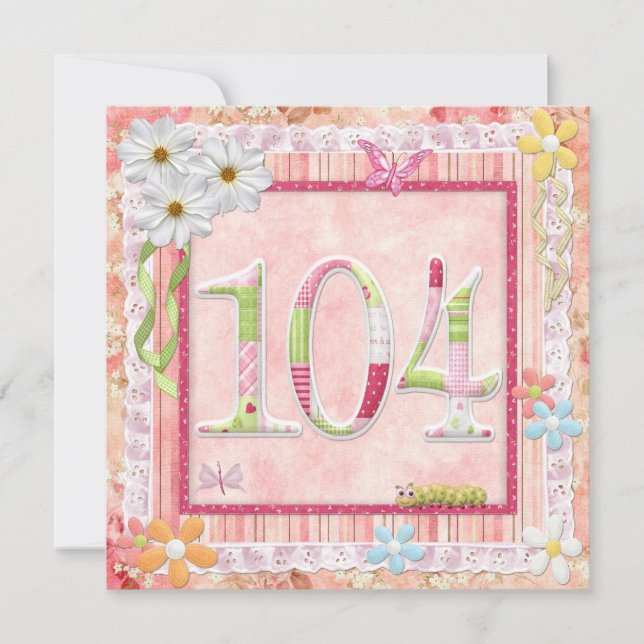 Invitación 104ª fiesta de cumpleaños estilo scrapbooking (Anverso)