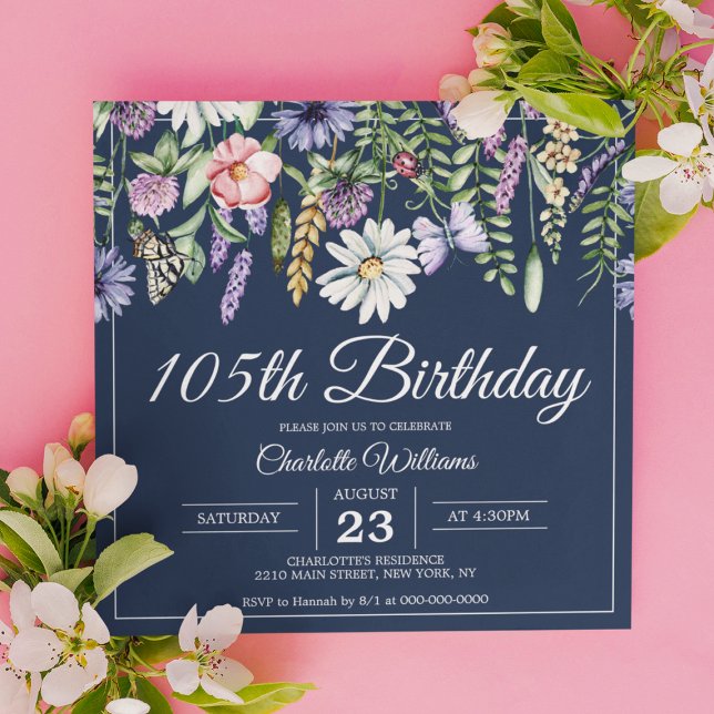 Invitación 105º cumpleaños de la Marina de Flores Silvestres  (105th Birthday Wildflowers Navy Elegant 105 Years Invitation
)