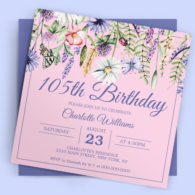 Invitación 105º cumpleaños Flores salvajes rosa 105 años (105th Birthday Wildflowers Pink 105 Years Invitation
)