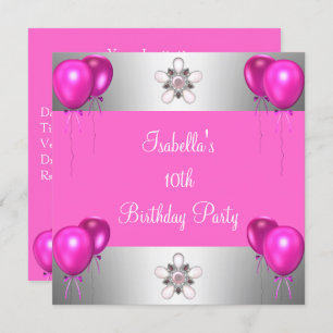 Invitación 10.ª Bonito de cumpleaños en plata de globos rosad
