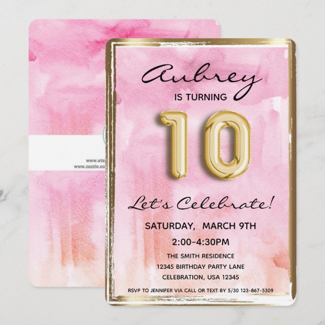 Invitación 10.ª Chica Cumpleaños Rosa y Oro (Anverso / Reverso)