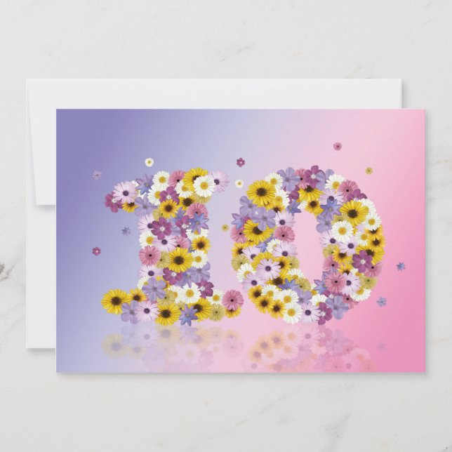 Invitación 10.ª fiesta de cumpleaños, con letras con flores (Anverso)