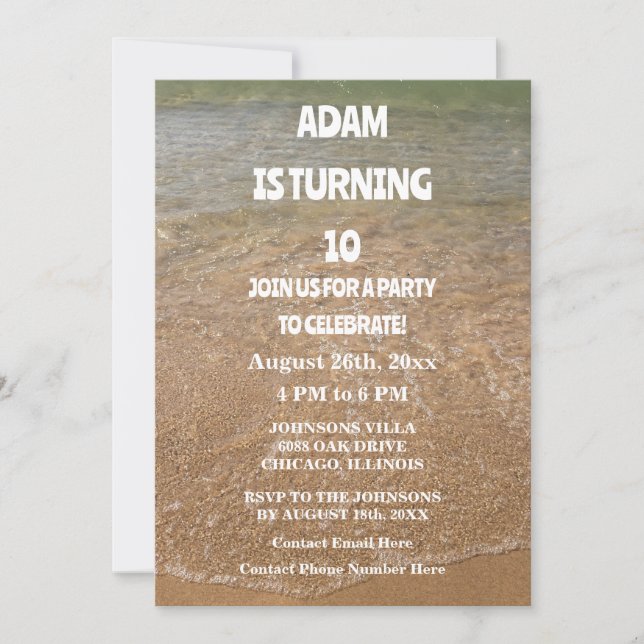 Invitación 10.ª Fiesta de Cumpleaños Décimo Ocean Sandy Beach (Anverso)