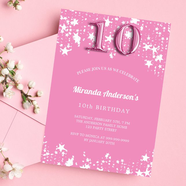 Invitación 10.ª fiesta de cumpleaños estrellas blancas rosada (Subido por el creador)