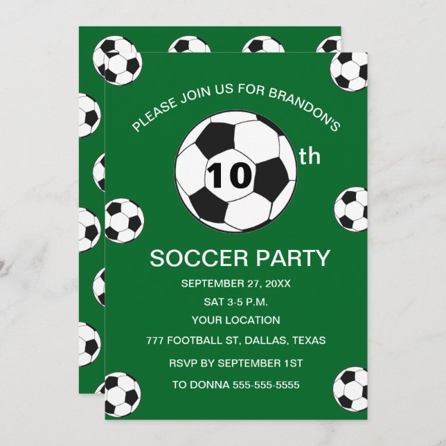 Invitación 10.ª fiesta de cumpleaños Futbol Green Boys Sports (Anverso / Reverso)