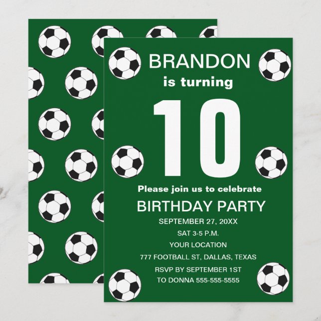 Invitación 10.ª fiesta de cumpleaños Futbol Green Boys Sports (Anverso / Reverso)