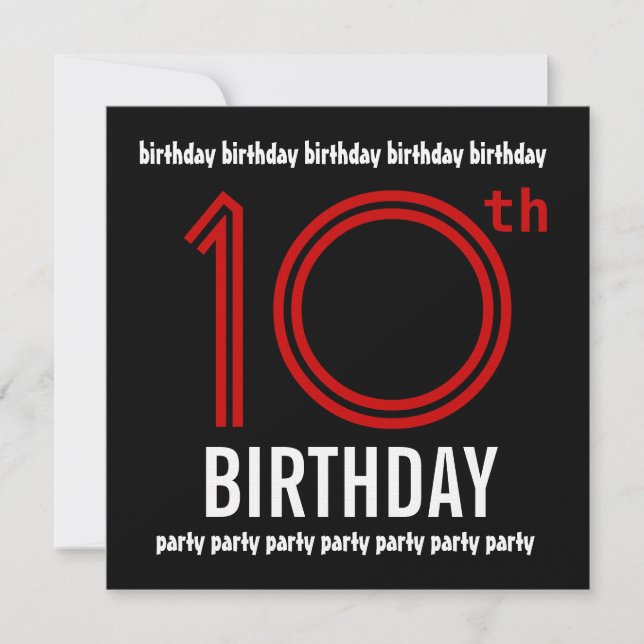 Invitación 10.ª fiesta de cumpleaños, moderno rojo y negro (Anverso)
