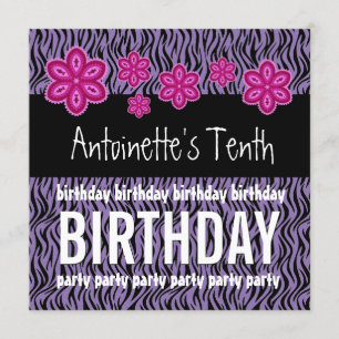 Invitación 10.ª natalidad Flores rosas y cebra morada A07