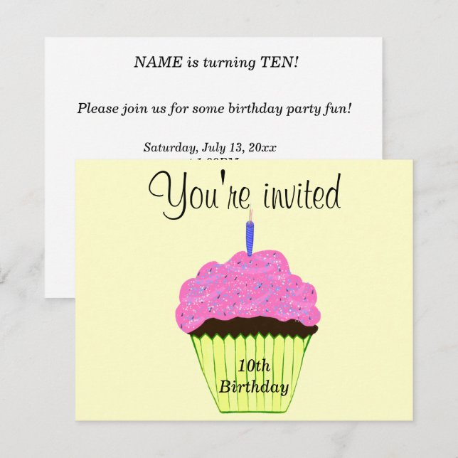 Invitación 10.ª tarta rosada del partido de cumpleaños - Pers (Anverso / Reverso)