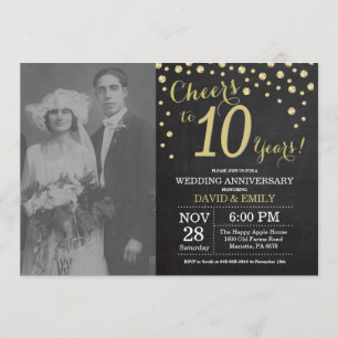 Invitación 10.º Aniversario Boda Chalkboard Negro y Oro
