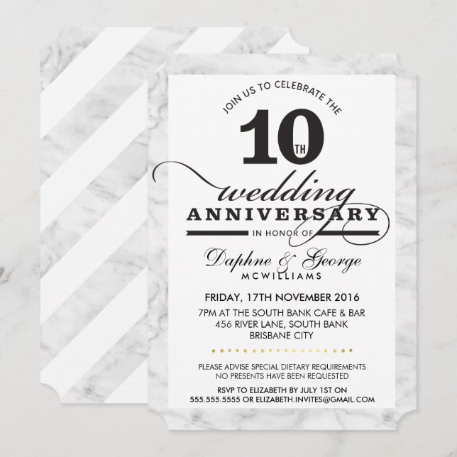 Invitación 10.º ANIVERSARIO BODA elegante mármol gris negro (Anverso / Reverso)