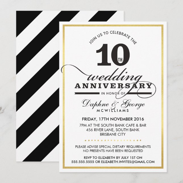 Invitación 10.º ANIVERSARIO BODA elegante y elegante negro do (Anverso / Reverso)
