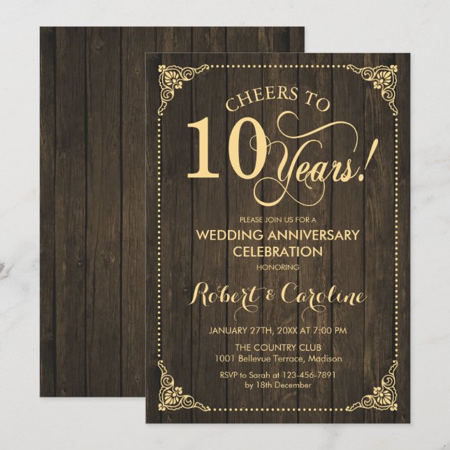 Invitación 10.º Aniversario Boda - Madera de oro (Anverso / Reverso)