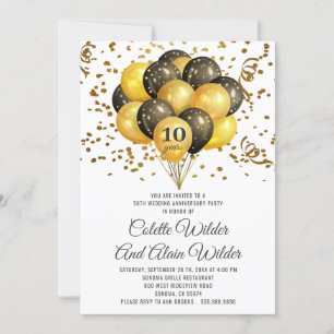 Invitación 10.º Aniversario Boda Oro Y Negro Sobre Blanco
