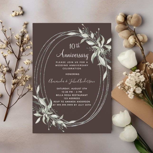 Invitación 10.º aniversario boda vegetación marrón (Subido por el creador)