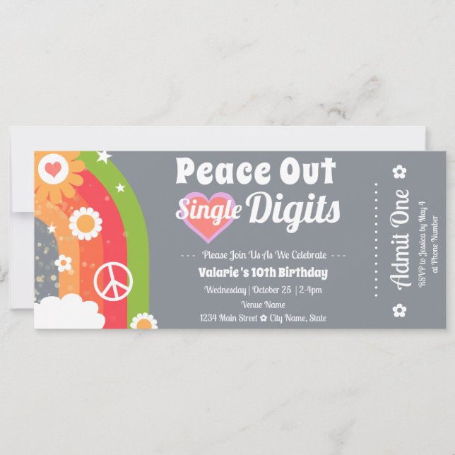 Invitación 10.º billete de cumpleaños de Retro Peace Out (Anverso)