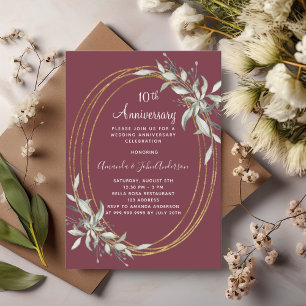 Invitación 10.º boda aniversario de la vegetación burdeos